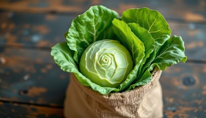 The image features a fresh, green head of lettuce with tightly packed, pale green leaves at its center, surrounded by larger, darker green outer leaves