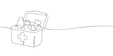 Minimal line illustration of an open first aid kit filled with medical supplies, bottles and tools, symbolizing emergency care, healthcare readiness, and safety support.