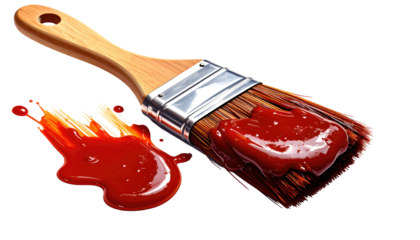 Paintbrush with red paint on a black background, artistic rendering, tool, wooden handle