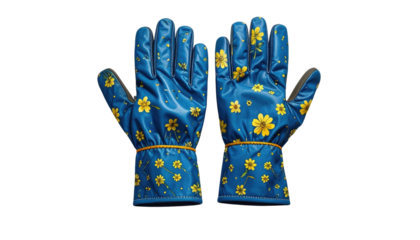 Pair of blue work gloves with yellow floral pattern, isolated on black background