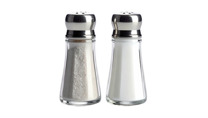 Pair of condiment shakers with metal tops, one filled with coarse grains, the other empty