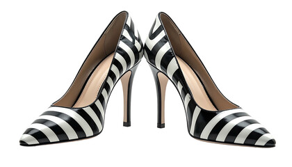 Pair of elegant black and white striped high heels on a black background