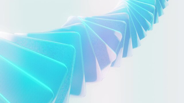 Clean blue geometric shapes twisting in a spiral formation. High key abstract 3D animation background seamlessly looping for blockchain, medical DNA, corporate business, and technology concepts.