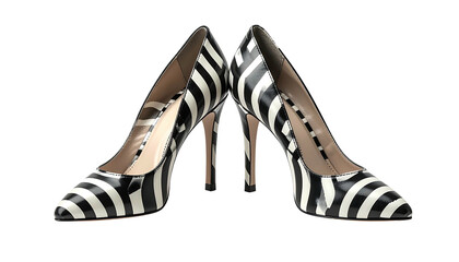 Pair of high-heeled shoes, striking zebra pattern, pointed toe, black background, fashion item