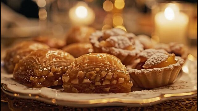 Baklava pastry desserts on a plate.