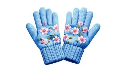 Pair of light blue knitted gloves, adorned with pink floral patterns. Rendered with detail