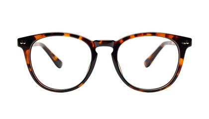 Pair of round-framed eyeglasses, tortoiseshell pattern, with light brown temples, isolated on black
