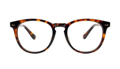 Pair of round-framed eyeglasses, tortoiseshell pattern, with light brown temples, isolated on black