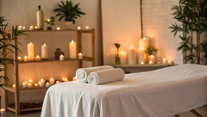 Serene spa room with candles and greenery