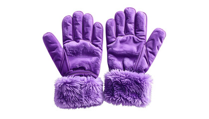 Pair of vibrant purple gloves with fuzzy cuffs isolated on black background