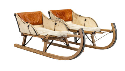 Pair of vintage wooden sleds with cushions, brown leather backs, and metal runners