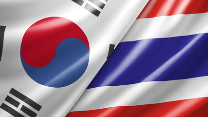 Fototapeta premium South Korea and Thailand two national flags filling the entire frame, close-up view, edge-to-edge composition