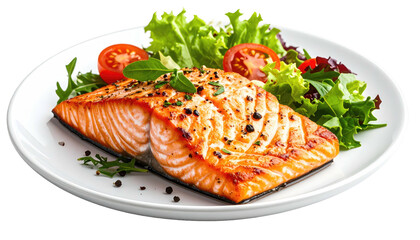 Perfectly cooked salmon fillet on white plate, accompanied by fresh tomatoes and green salad