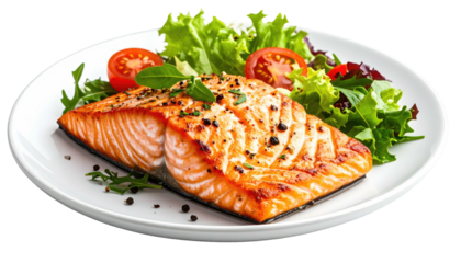 Perfectly cooked salmon fillet on white plate, accompanied by fresh tomatoes and green salad