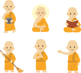Buddhist Monk Character Set Cute Flat style.Collection of Young Monk Mascots in Saffron Robes Zen Lifestyle.Emoji Set Meditating, Praying, and Daily Activities