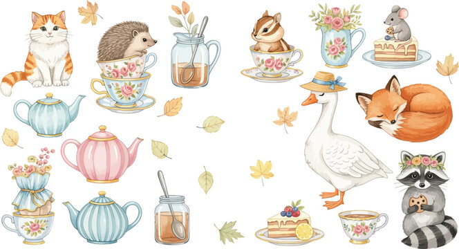 Whimsical forest creatures and vintage tea party objects illustration
