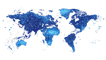 Pixelated world map illustration, dark background, blue hues represent areas of concentration