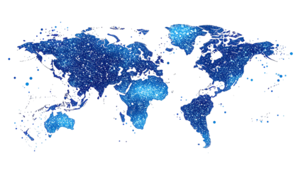 Pixelated world map illustration, dark background, blue hues represent areas of concentration
