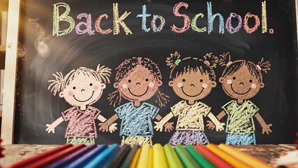 Charming chalkboard illustration of children and text, "Back to School," with pencils on wood - Powered by Adobe
