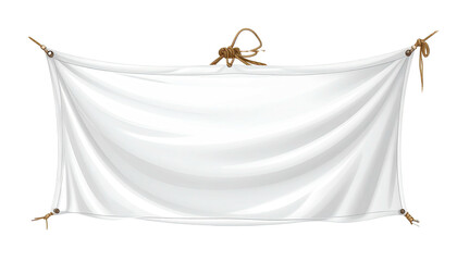 Plain white cloth banner suspended by ropes, perfect for displaying messages, on a black background
