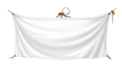 Plain white cloth banner suspended by ropes, perfect for displaying messages, on a black background