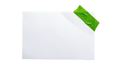 Plain white paper, held in place with green adhesive tape on a transparent background