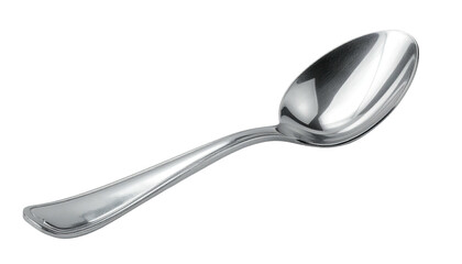 Polished silverware spoon against black backdrop, reflecting light with smooth, curved design