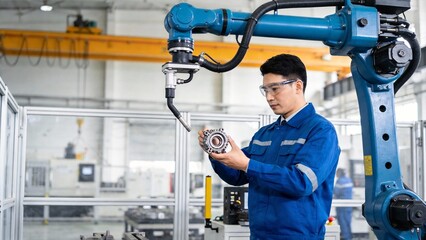 Factory worker inspecting mechanical part