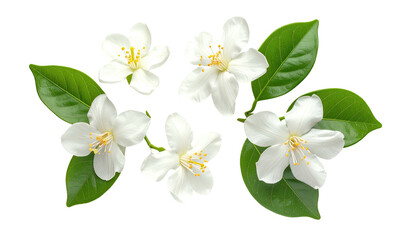 Pristine, close-up botanical illustration of delicate white blossoms with vibrant green leaves