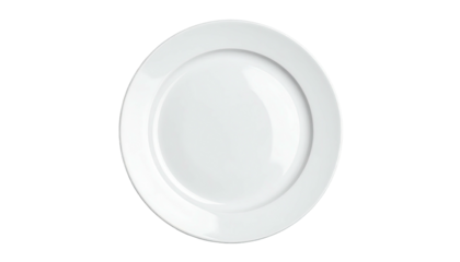 Pristine overhead shot of a clean, plain white ceramic plate with a wide rim and central depression