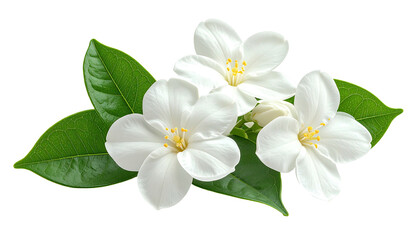 Pristine white blossoms with bright yellow centers, set amidst vibrant green leaves, isolated