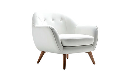 Pristine white upholstered armchair with wooden legs, isolated on a solid black background