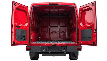 Rear view of an empty red cargo van with open doors, showcasing the interior