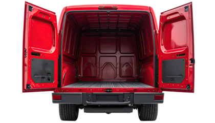 Rear view of an empty red cargo van with open doors, showcasing the interior