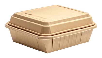 Recyclable, eco-friendly takeout container, square shape, lid, textured, paperboard, isolated, black background
