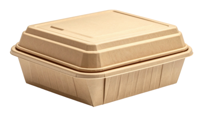 Recyclable, eco-friendly takeout container, square shape, lid, textured, paperboard, isolated, black background