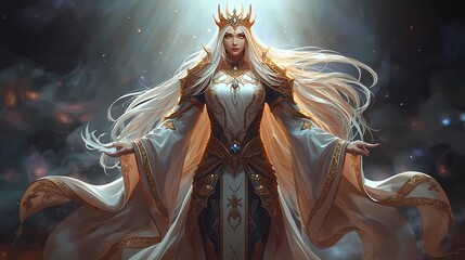 Majestic ethereal fantasy character portrayed in a heroic and regal stance, wearing flowing robes with intricate golden embroidery and refined armor accents. A jeweled crown and radiant magical aura e
