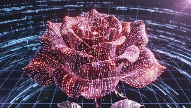 A glowing rose of red and white dots hovers within a futuristic blue grid, displayed in a digital illustration from a centered viewpoint