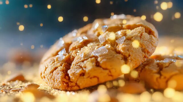 Golden cracked cookie with sugar crystals and crumbs captured in dramatic macro food photography