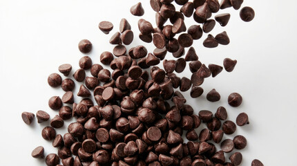 Chocolate chips are scattered across a white surface creating a dense cluster of dark brown confectionery pieces