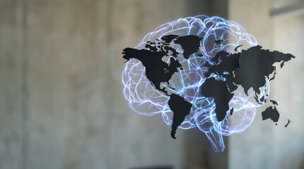 World map with a digital brain on a blurred background. Copy space .Artificial intelligence and global power concept