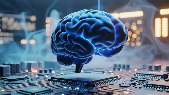 Floating brain hovering over a complex circuit board in a futuristic lab