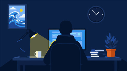 Late Night Coding Session A Vector Illustration of a Programmer Working on a Computer at a Desk with a Lamp and a Clock