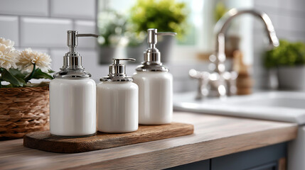Pristine white refill bottles on kitchen counter, stylish and eco-friendly storage solution for modern home, sustainable container organization, reusable dispensers, with copy space