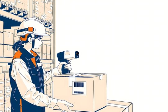 バーコードリーダーで検品作業をする女性物流スタッフの線画イラスト　ハンディターミナルと倉庫DX