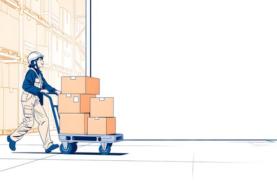 台車で段ボールを運ぶ元気な女性物流スタッフの線画イラスト　活気ある倉庫業務と配送イメージ
