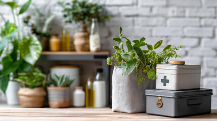 Prepared and organized with medical box and plants, healthcare supplies storage, first aid organization, domestic medical preparedness, botanical decor accompaniment, with copy space