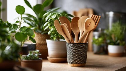 Jar of wooden utensils with potted plants in modern kitchen setting, culinary tool storage, botanical kitchen decor, contemporary home styling, cooking implement display, with copy space