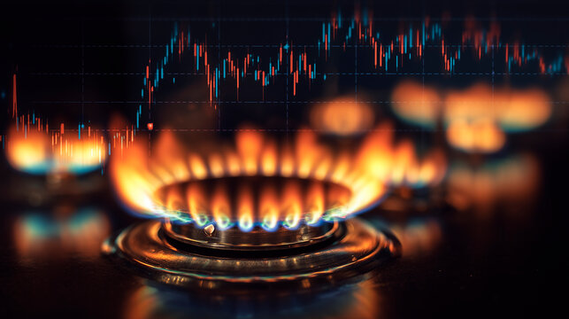 Close up photo shows gas burner flames against stock chart background. Concept image relates to energy crisis high prices in global market. Financial topic about energy cost and economy - Powered by Adobe