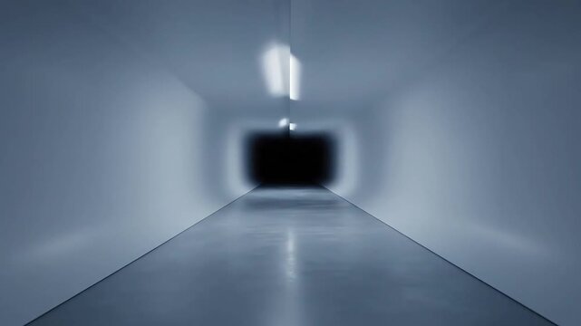 Mysterious dark corridor with bright light leading to unknown doorway